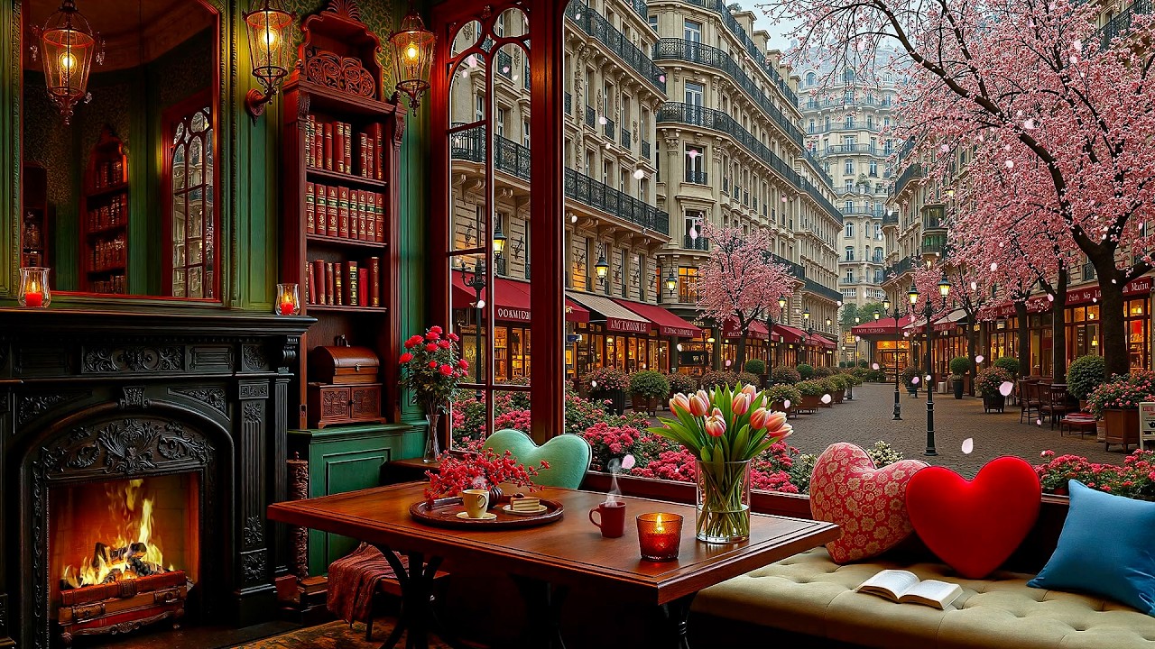 Gentle Spring Sunset ☕ Warm Jazz & Fireplace Sounds for Relax & Good Mood