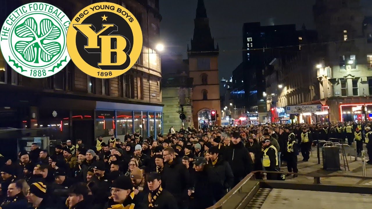 Young Boys Fans Heavy Police Escort Through Glasgow For Celtic Champions League Game