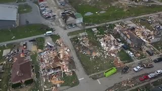 Drone video shows tornado damage in Whiteland, Indiana