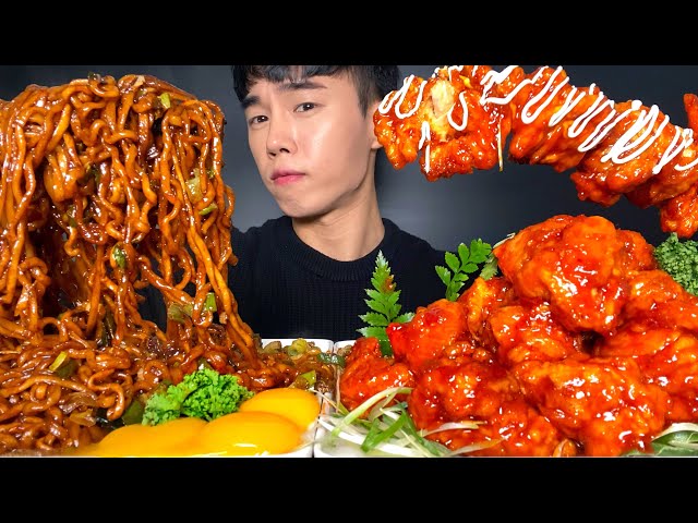 ASMR MUKBANG 짜파구리 + 양념 치킨 먹방 SPICY BLACK BEAN NOODLES & FRIED CHICKEN チキン チャジャンラーメン eating sounds