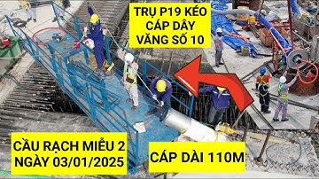 Cận cảnh quá trình kéo cáp dây văng số 10 trên trụ tháp P19 Cầu Rạch Miễu 2, cập nhật ngày 03/1/2025