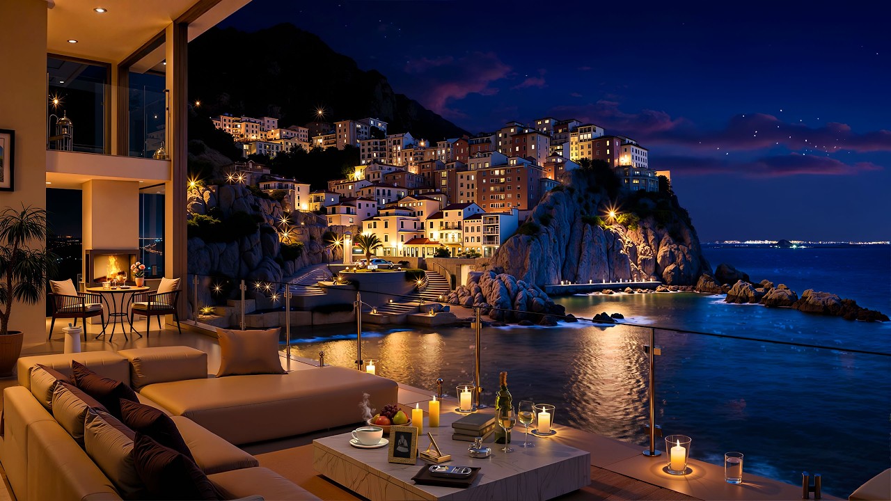 4K Italian Seaside Night View with Relaxing Jazz Music 🌃 Luxury Apartment Ambience for Stress Relief