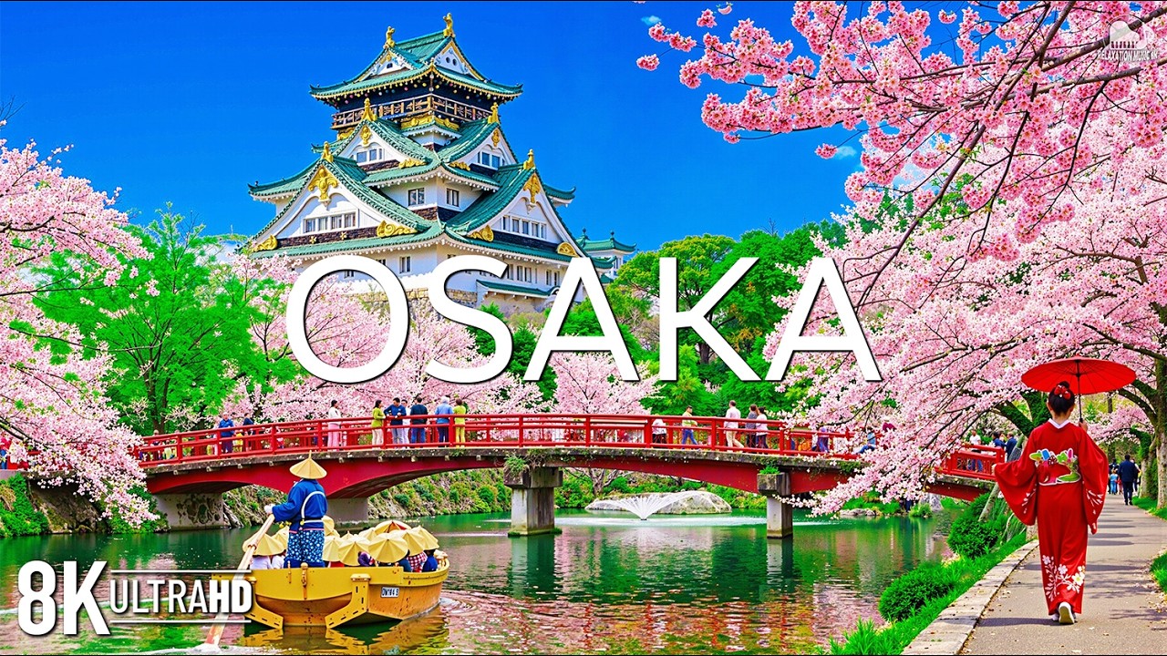 Осака, весна, 8K 🌸 Цветущие сакуровые улицы и парк у замка | Видео 8K UHD | Япония 8K