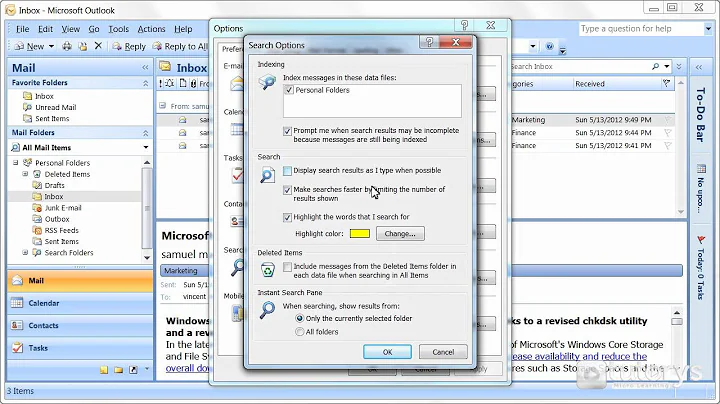 How to configure search function with Outlook 2007?