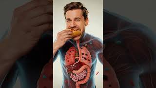 This 3D animation |  A man eats a hotdog  His upper body is transparent  The hotdog moves down his
