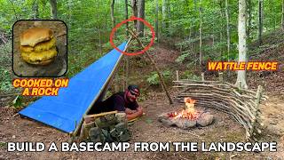 Solo Overnight Building a Wattle Fence Shelter and Cooking a Double Cheeseburger on a Rock