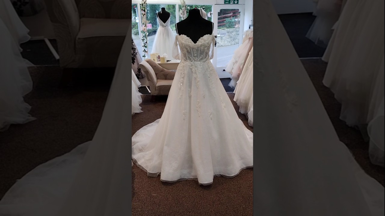 Versatile crumb catcher wedding dress look both off the shoulder & shoe string strap day to evening