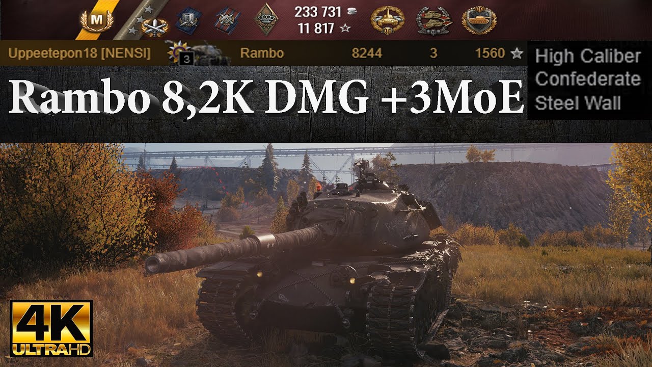 +3MoE Rambo video in Ultra HD 4K🔝 8244 dmg, 4460 block, 3 kills, 1560e 🔝 World of Tanks ✔️