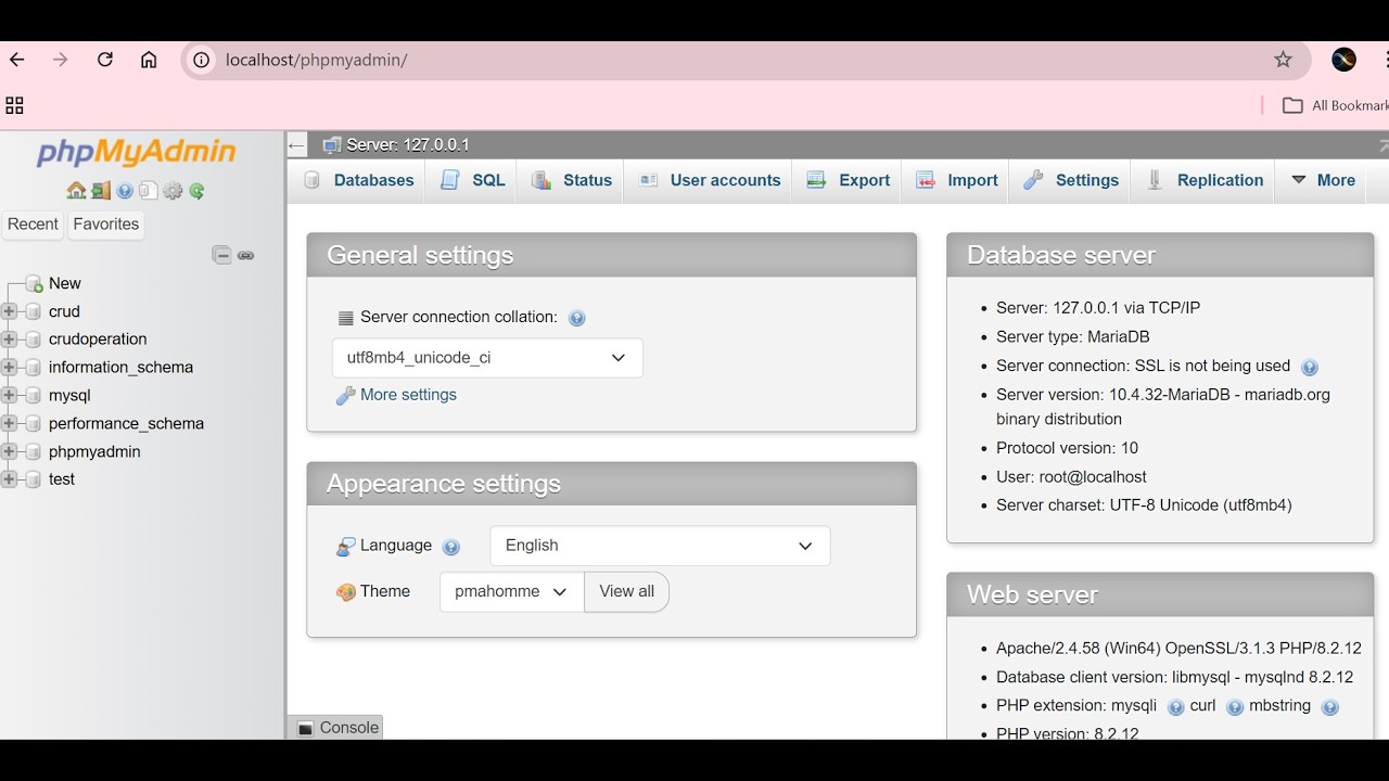 Xampp phpMyAdmin server page Tabs Explanation for PHP Programming - YouTube