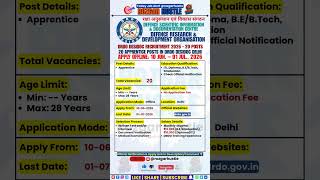 DRDO DESIDOC Apprentice Recruitment 2026 | 20 Posts Out | New Vacancy | Apply Online #shorts