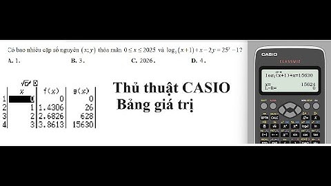 Thủ thuật CASIO: Có bao nhiêu cặp số nguyên (x;y) thỏa mãn 0 ≤x ≤2025 và log 5(x+1)+x-2y==25^y-1
