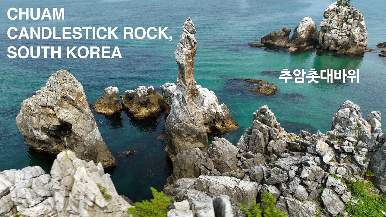 Candlestick Rock in Donghae, South Korea Drone Footage in 4k 추암촛대바위