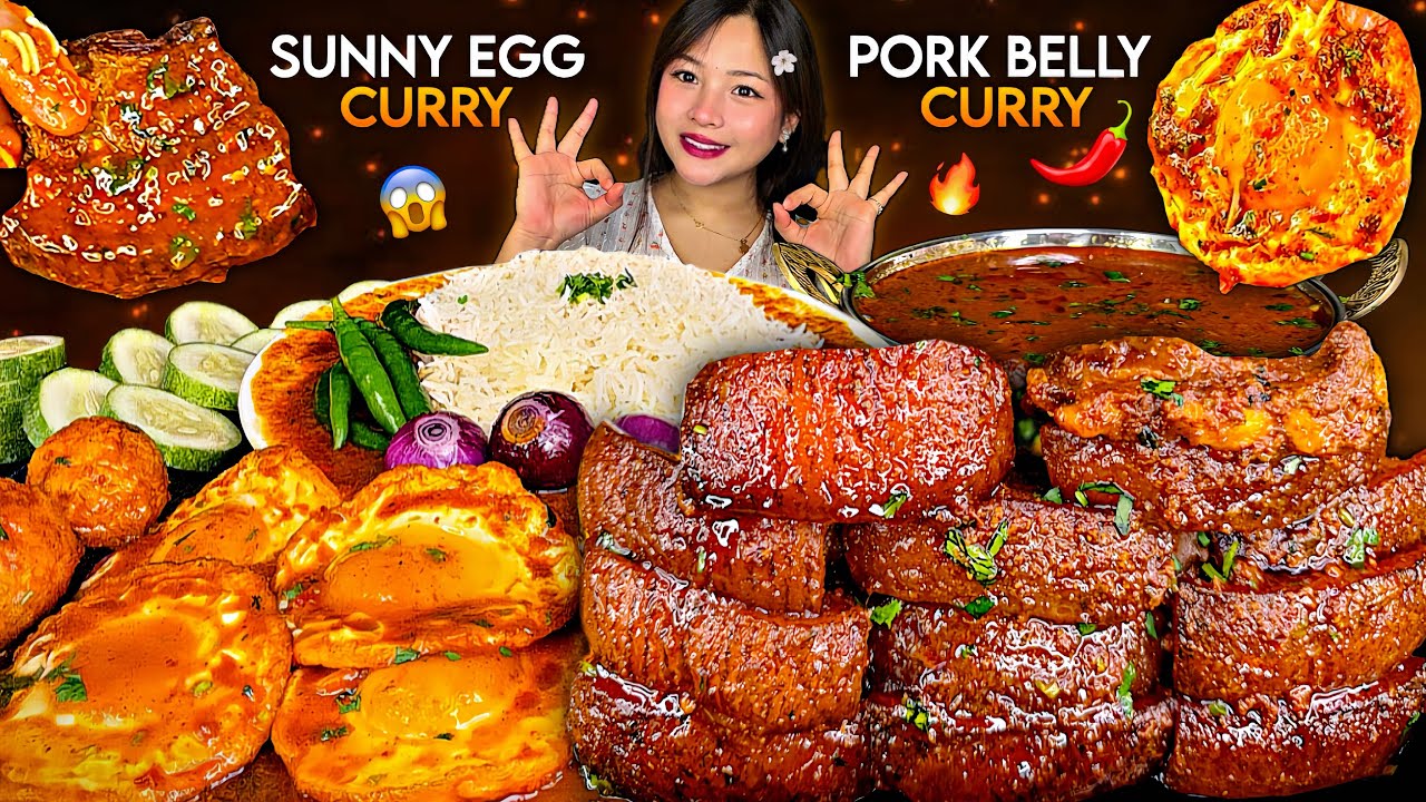 SPICY PORK BELLY CURRY🔥😱SUNNY SIDE UP EGG CURRY🌶️WITH BASMATI RICE | NEPALI MUKBANG | BIG BITES |