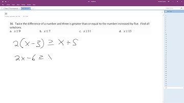 Twice the difference of a number and three is greater than or equal to the number increased by five