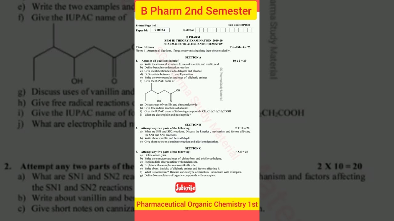 B Pharm 2nd Sem.// Previous Year Question Papers // POC 1st // SG Pharma