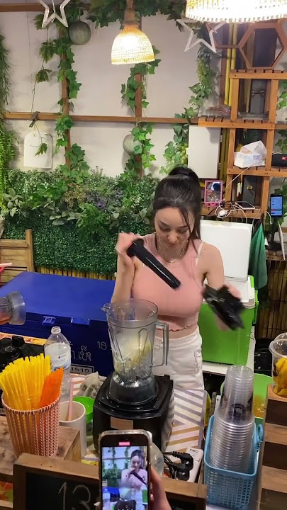Beautiful Girl With Big Melons ( . )( . ) Preparing Smoothie Cocktail in Bangkok. #travel #shorts