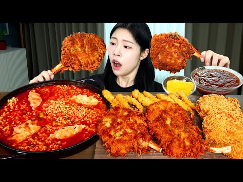 ASMR MUKBANG| 직접 만든 불닭볶음탕면 토마호크 돈까스 치즈 돈까스 먹방 & 레시피 FRIED CUTLETS AND FIRE NOODLES EATING