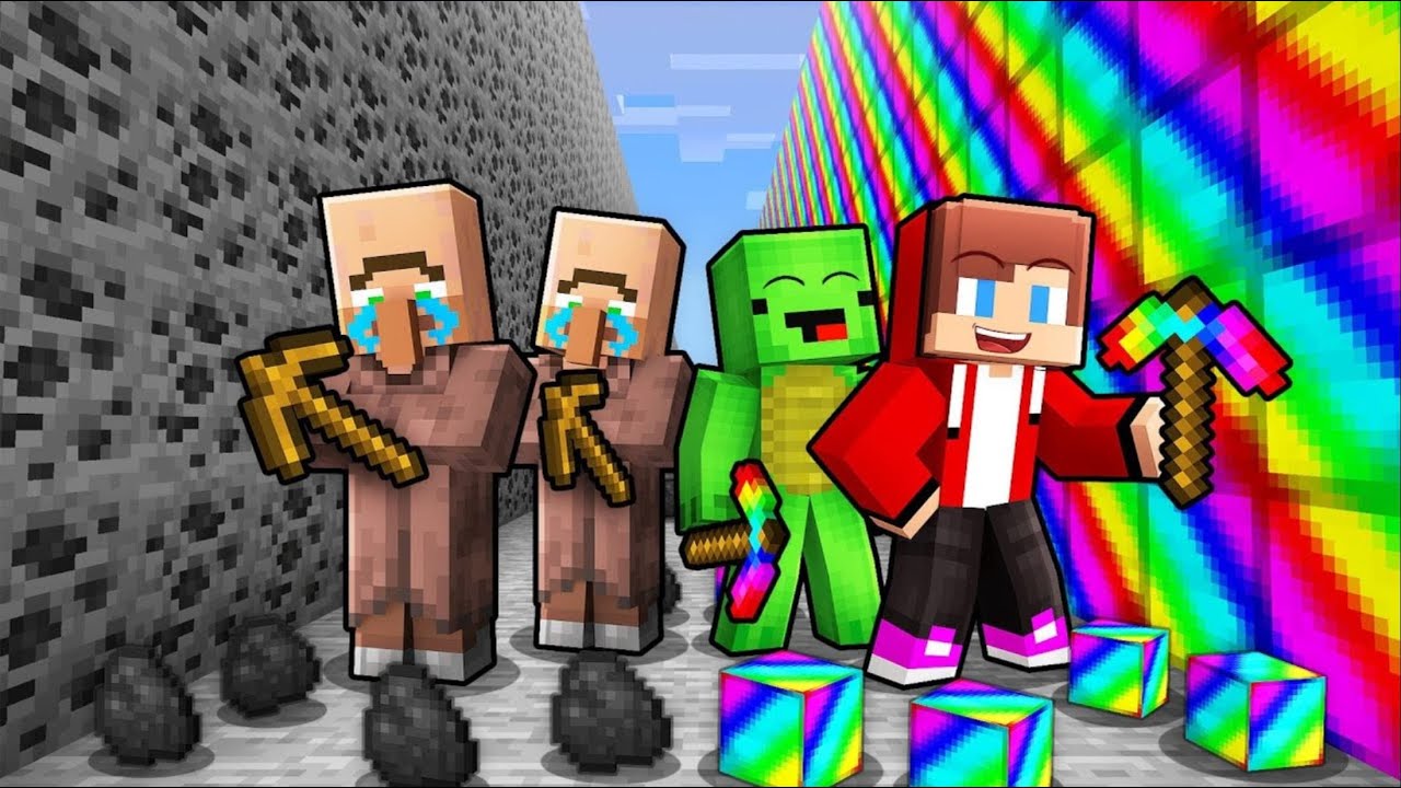 我的世界：杰杰和麦琪的彩虹方块矿场VS村民的煤炭矿场