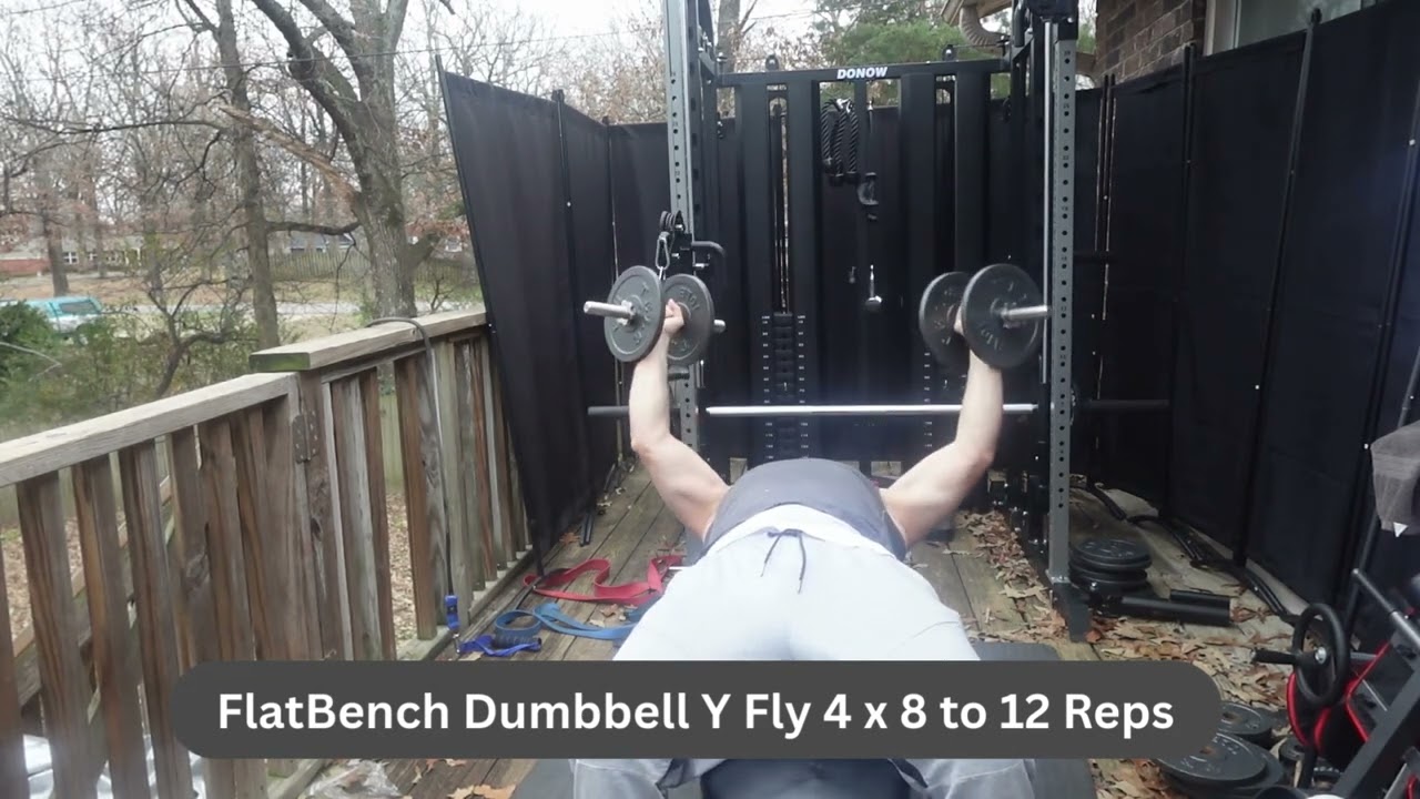 Flatbench Dumbbell Y Fly for a Deep Stretch on the Chest.