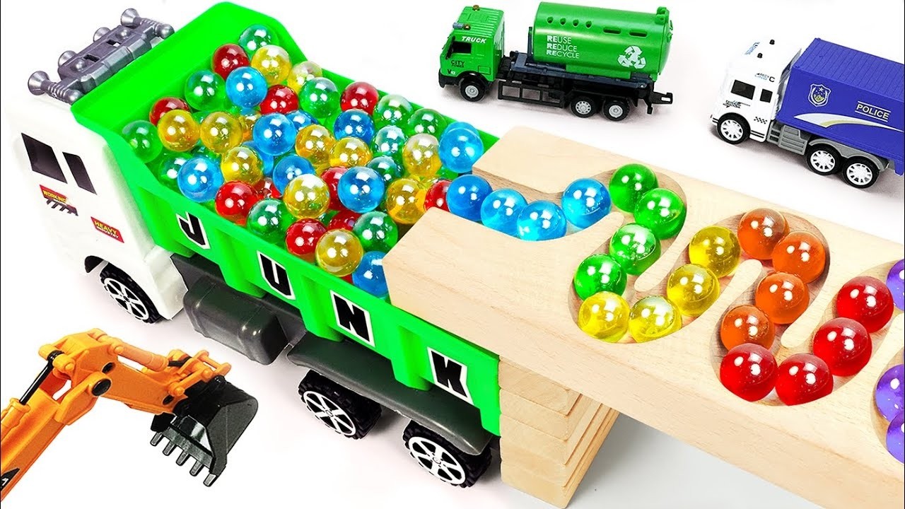 Wooden Marble Run Race 🟢 HABA Slope with Trucks, Excavator & Ambulance