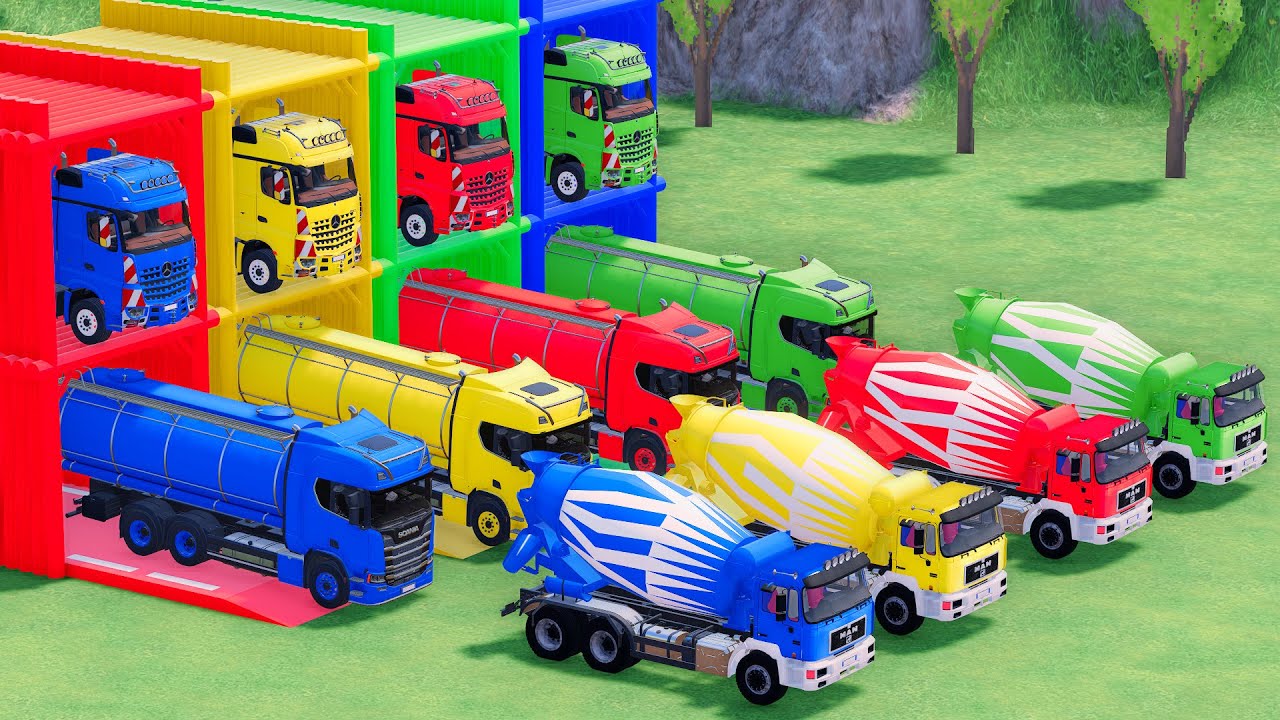 Trucks With COLORS - MAN MIXER TRUCK and SCANIA WATER TRUCK with FLATBED TRAILER TRUCK - FS22