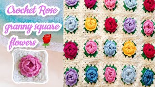 Crochet rose flower | crochet granny square flowers | crochet tutorial | Pimdaocrochetanddiy