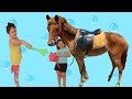 Elif Öykü and Masal Made a Horse fun kid video, Little Kids Riding A Horse