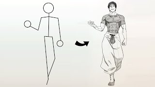 How to draw Toji Fushiguro full body out of stick man || Easy step-by-step || Jujutsu Kaisen