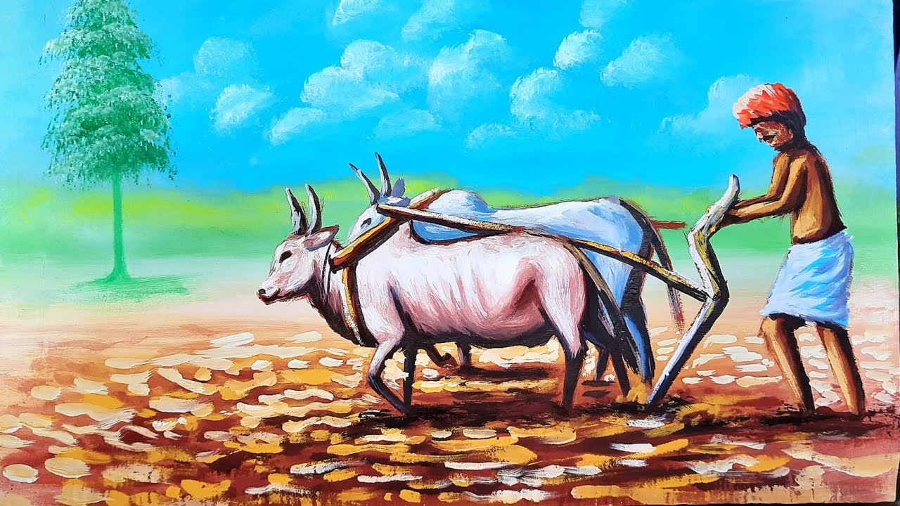 Village Farmer And Cows Drawing Painting Indian Village Scene Maxresdefault