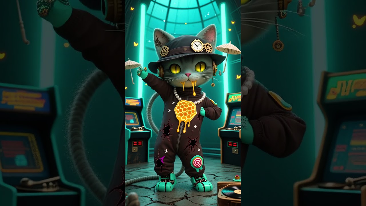 CUTE & CREEPY DANCING CAT: 🐱 Neon Steampunk Cat Dance! 🍯 Epic Sci-Fi Vibes 