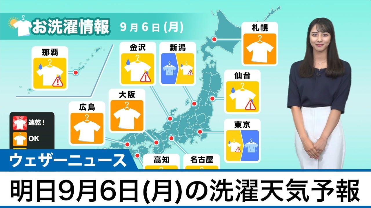 明日9月6日 月 の洗濯天気予報 Youtube