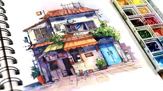 Watercolor and Ink Sketching of Urban landscape Painting easy