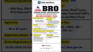 BRO Recruitment 2026 | New Vacancy 2026 | Daily Job Alerts #shorts