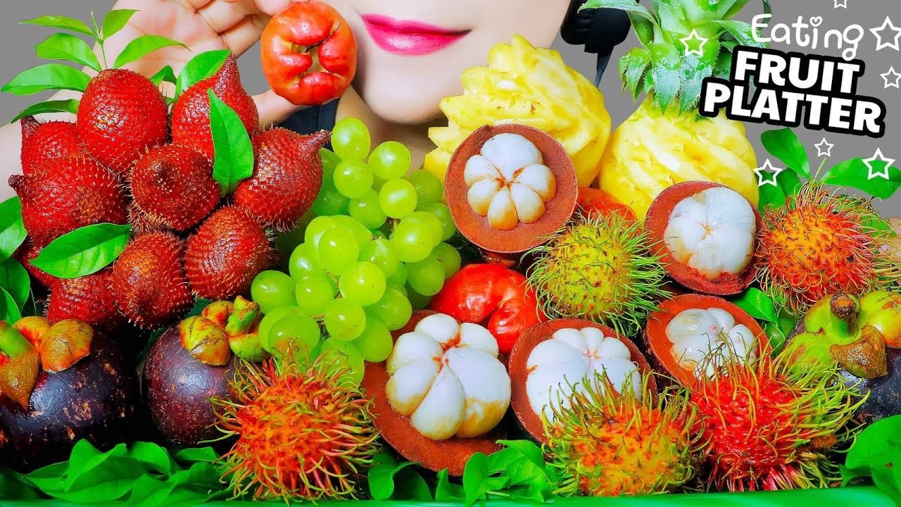 ASMR EATING FRUITS PLATTER (RATTAN,RAMBUTAN ,GRAPES, PINEAPPLE, WATER APPLES, MANGOSTEEN) |LINH-ASMR
