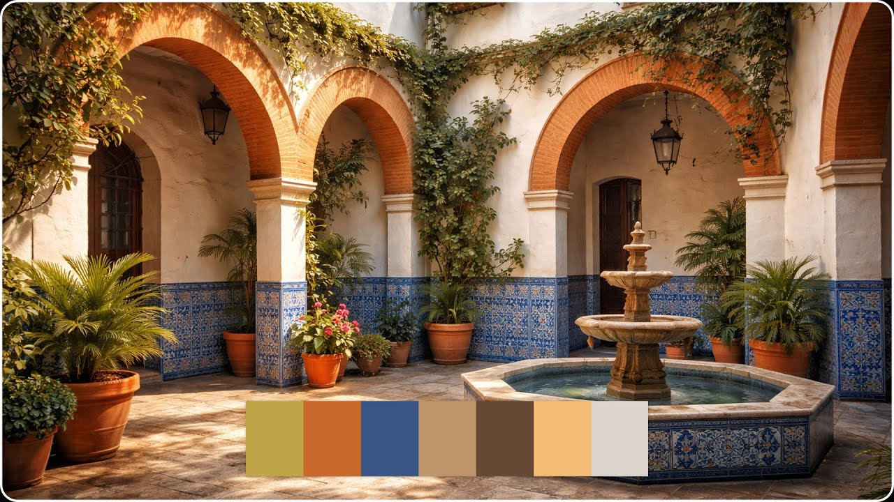 Spanish Courtyard with Painted Tiles — Cinematic Color Palette | Color Vibe Archive