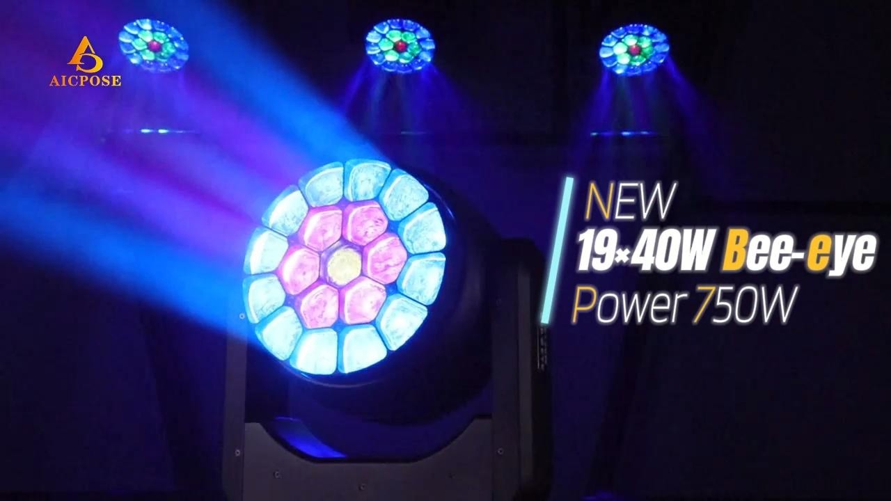AICPOSE Powerful 750W New 19×40W BeeEye Moving Head Light | RGBW Zoom 4-60°