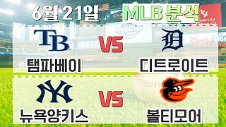 &quot;MLB 6월21일 승부예측⚾ 탬파베이 vs 디트로이트, 양키스 vs 에인절스! 오늘의 핵심매치!&quot;