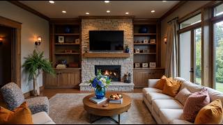 Elegant Rustic Living Room: Stone Fireplace & Sophisticated Comfort