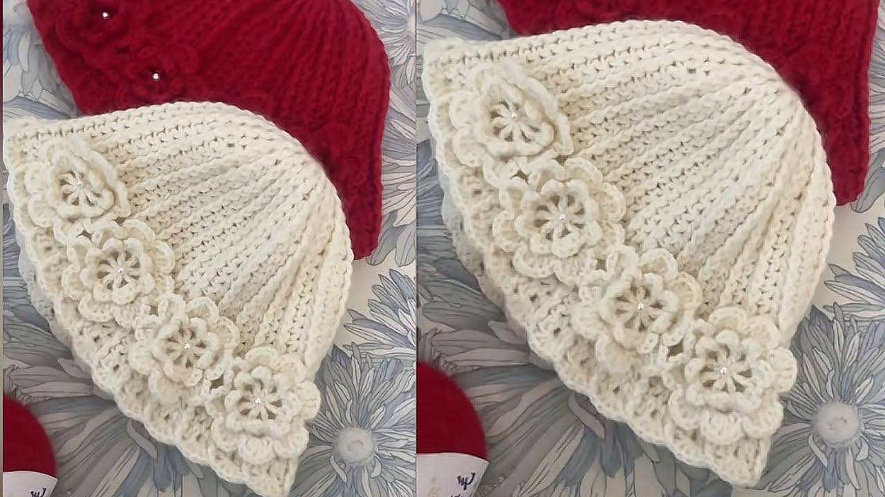 Elegant Floral Crochet Hat - White off white  and Red floral Orange Blossom Crochet Bucket Hat. Strawberry Shortcake  main image 4