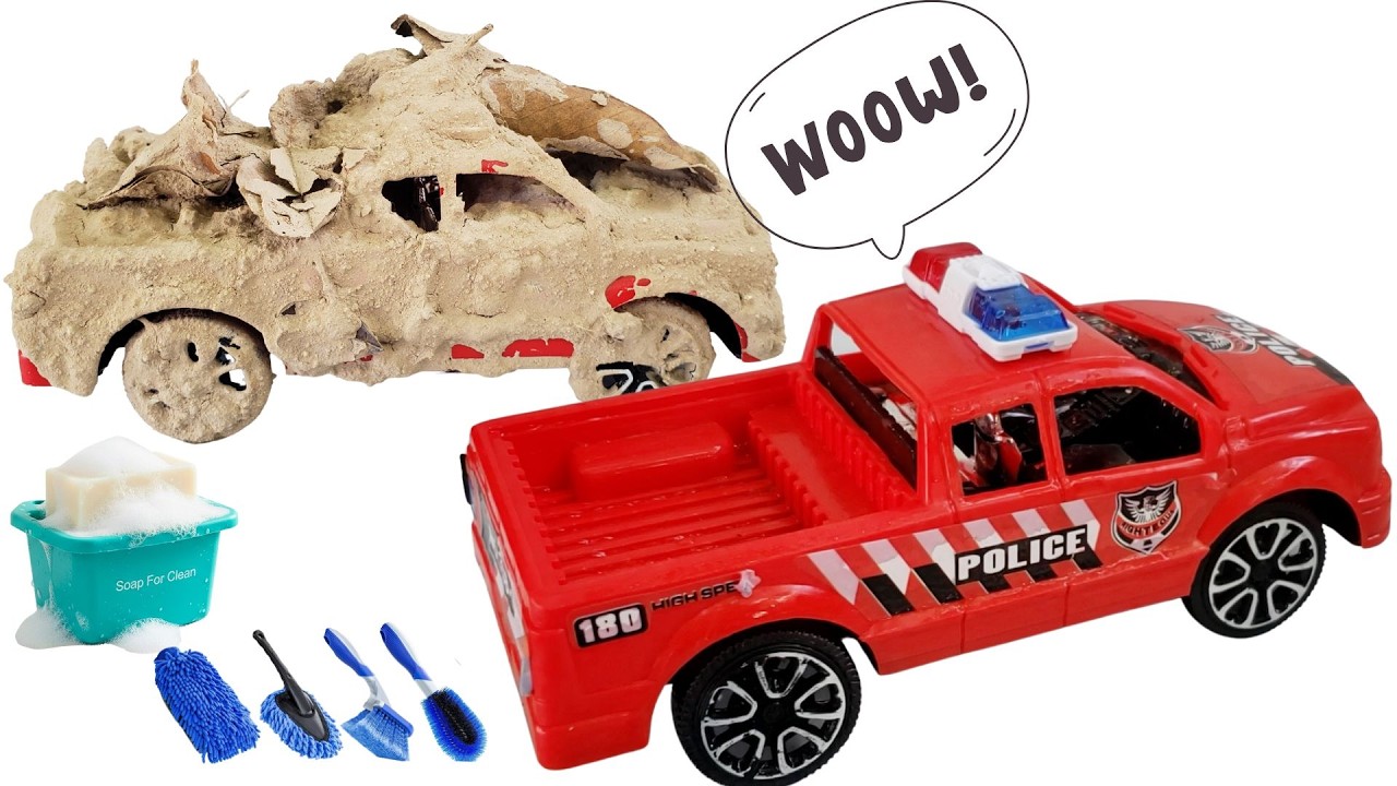 Clean the heavily mud stained police car #cleaning #cleancar #cleantoys #amsr