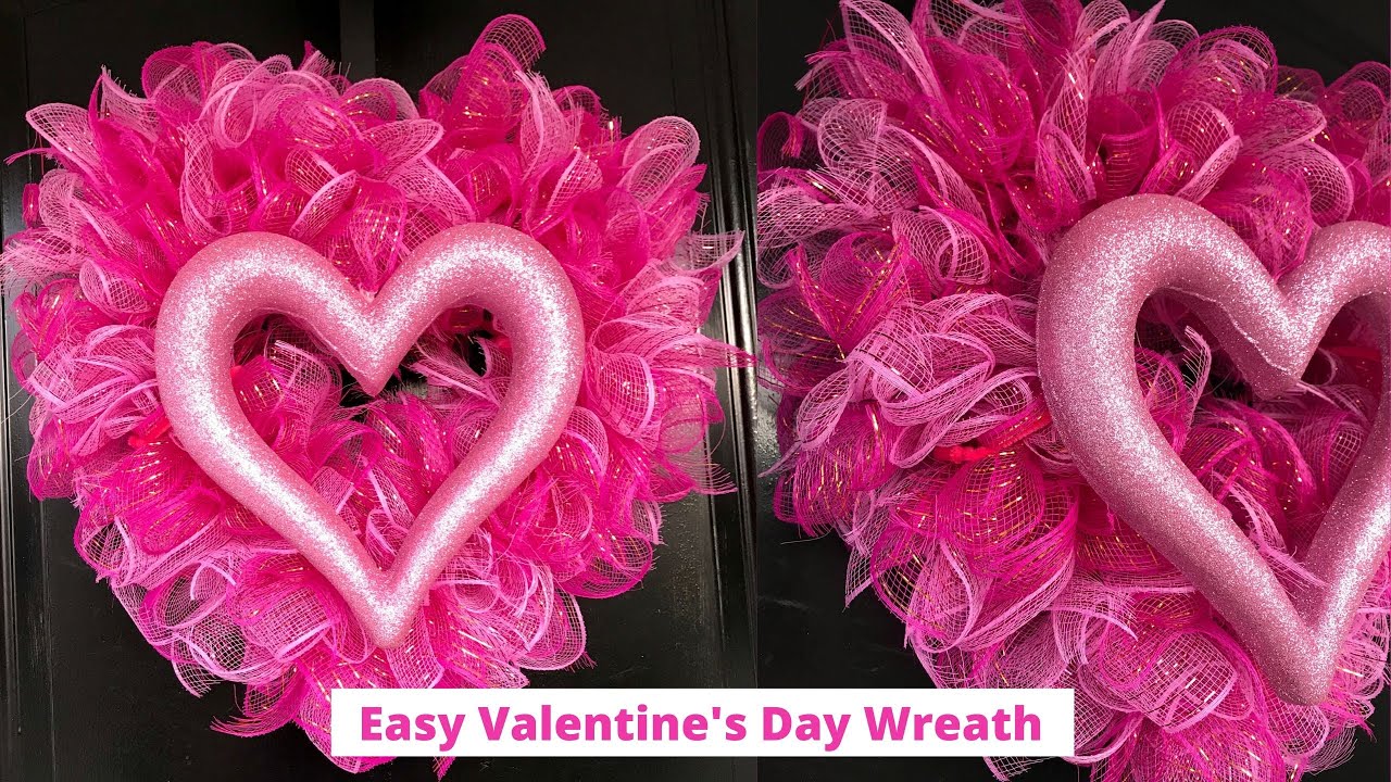 Dollar Tree Valentine's Day Heart Wreath - Deco Mesh Heart Wreath using the  Ruffle Method 