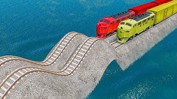 Double Colorful Train Vs Undulating Impossible Weird Rail Track Crossing Deepwater in BeamNG.drive