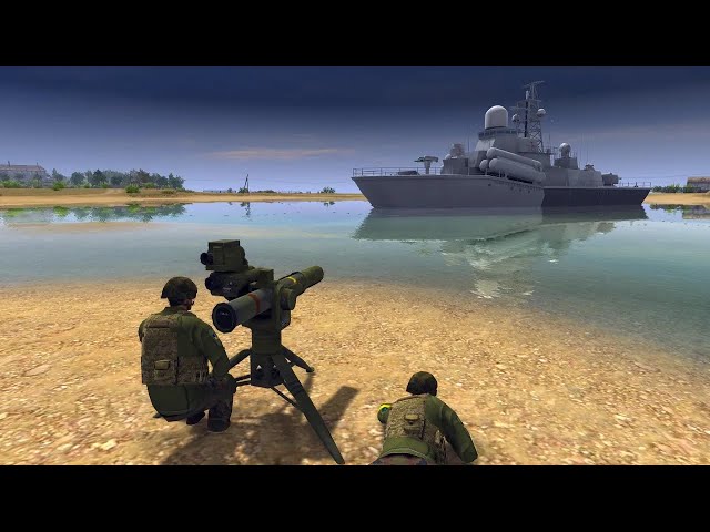 Russian Patrol Boat exploded in a ball of fire after being hit by the AT Missile  MenOfWar2 MilSim class=