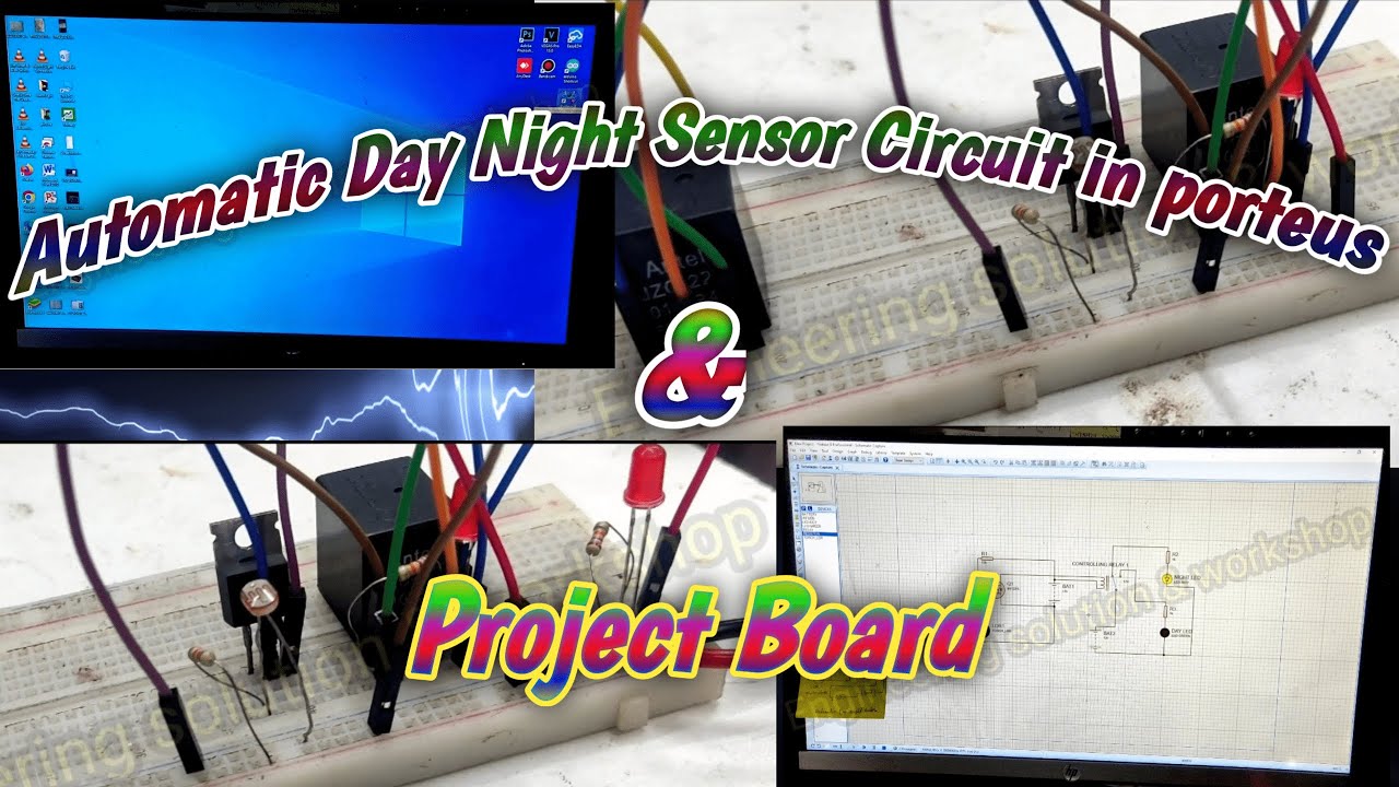 Automatic day night sensor using IRF3205, Photo diode(LDR), Relay, led in Proteus & Project Board.