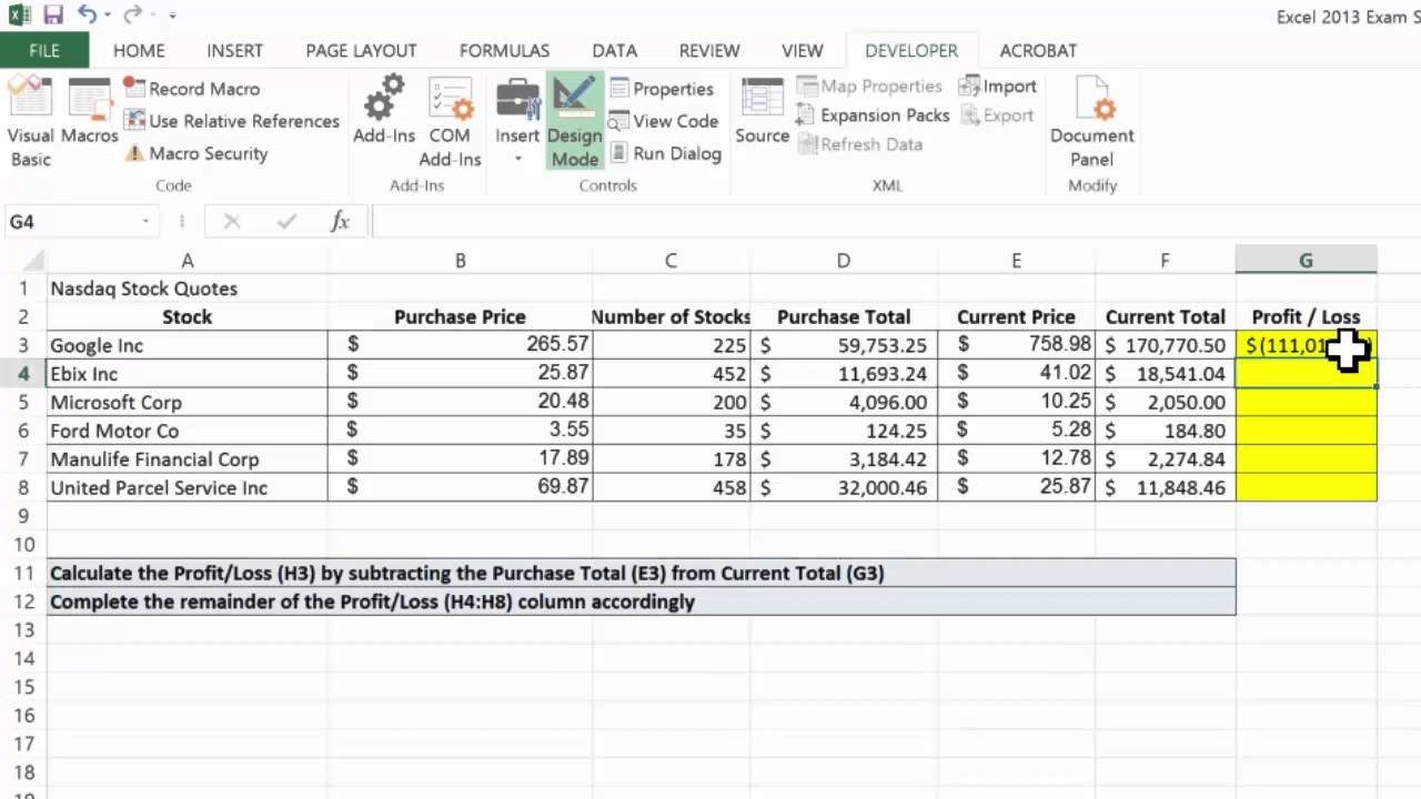 how to set a subtraction formula in excel