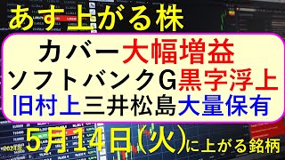 あす上がる株　2024年５月１４日（火）に上がる銘柄　～最新の日本株での株式投資。ソフトバンクグループ、カバー、スズキ、三井松島、スクウェア・エニックスの決算と株価。高配当株やデイトレ情報も～