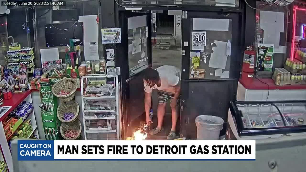 Man arrested after setting Detroit gas station on fire - YouTube
