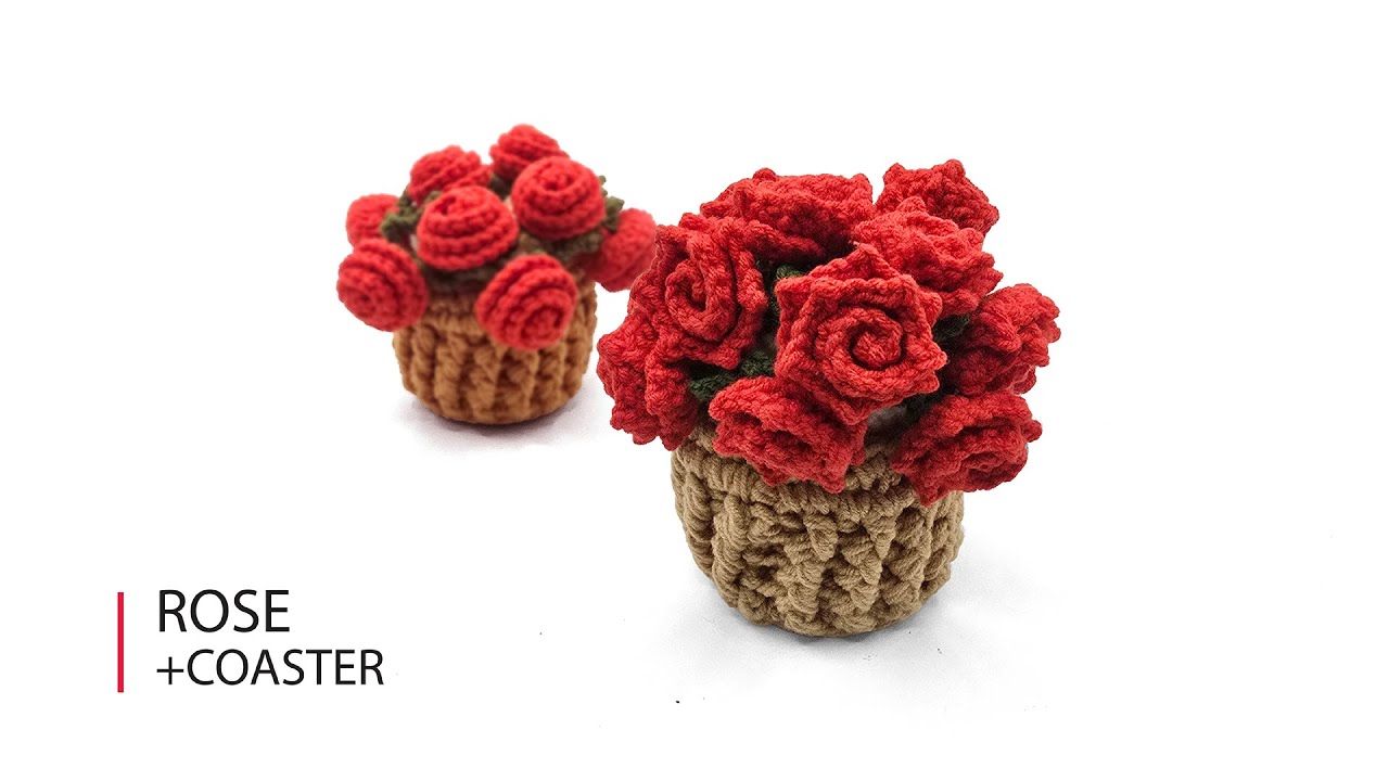 How to crochet rose flower coaster with pot.