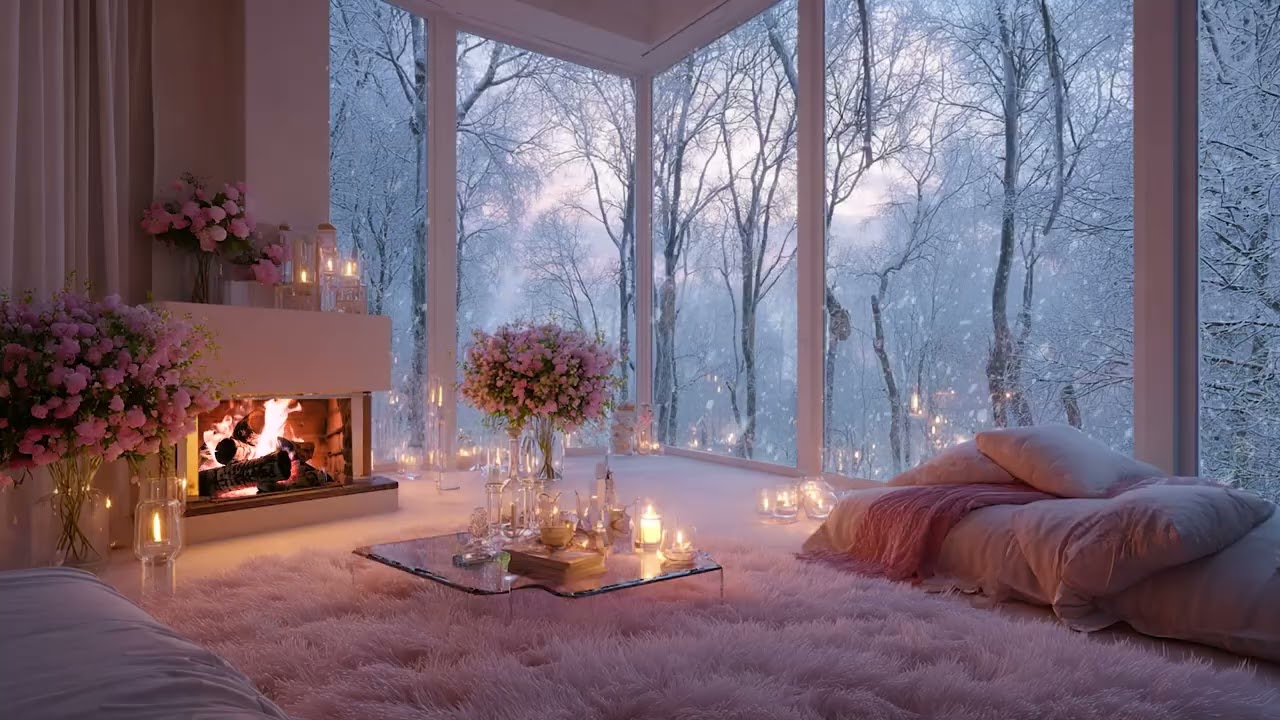 Winter Wind and Snow Beyond the Window | 3 Hours Fireplace Sounds to Relax and Sleep