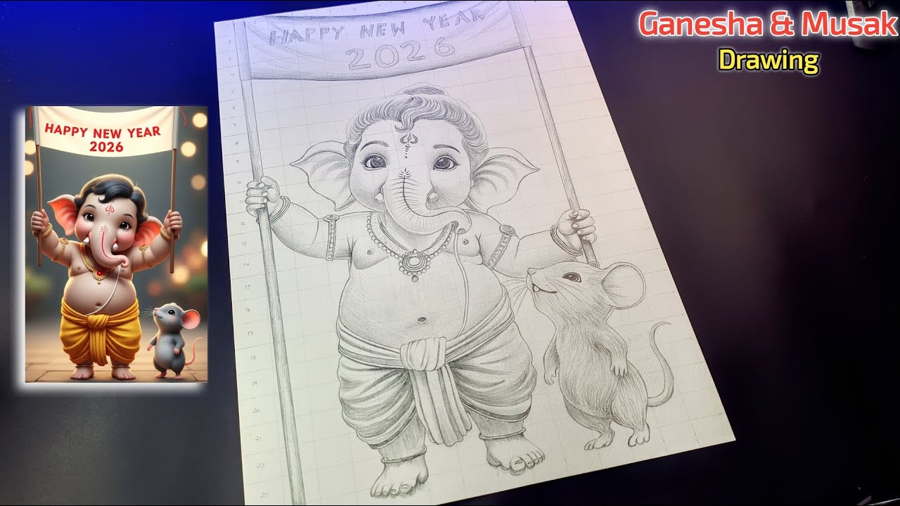 Lord Ganesha & Musak Drawing | How to draw Ganesha & Musak, New Year ...